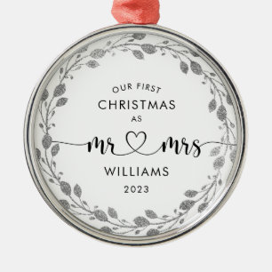First Christmas Husband Wife Silver Wreath Photo Metal Tree Decoration