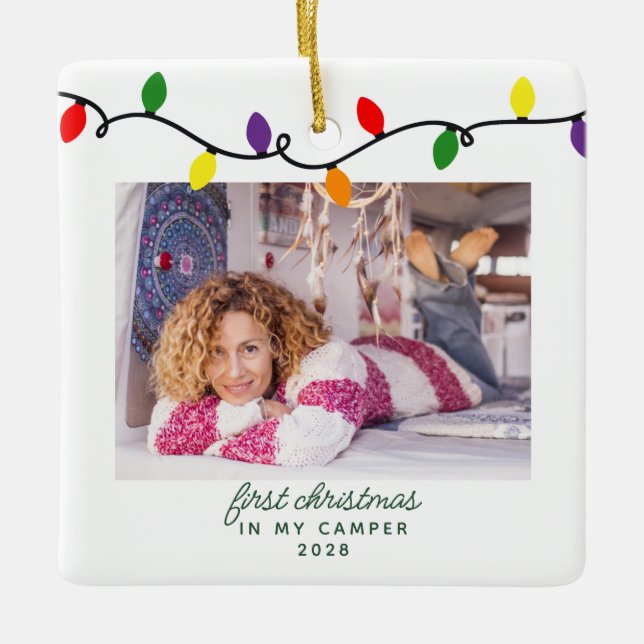 First Christmas In Camper RV Colourful Lights Ceramic Ornament (Front)