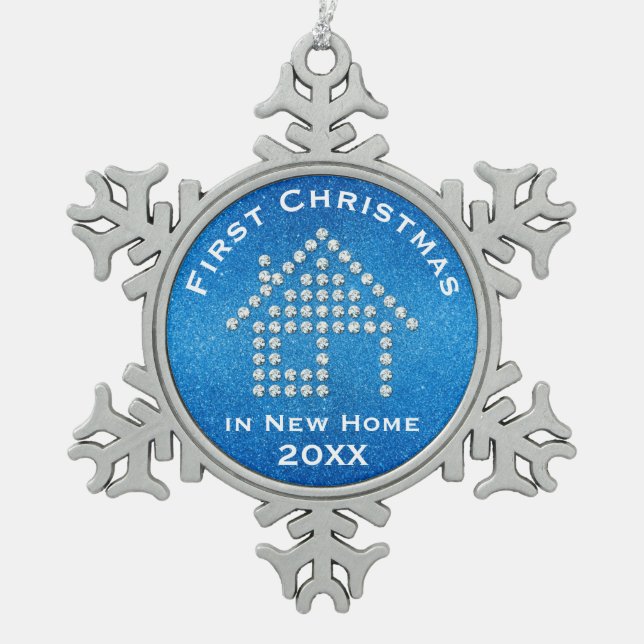 First Christmas in New Home 2017 | Glitter Blue Snowflake Pewter Christmas Ornament (Front)