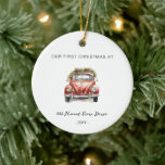 First Christmas in New Home - Address Ornament<br><div class="desc">Elegant and modern ornament with a watercolor vintage car.</div>