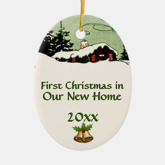 First Christmas in New Home Country Cabin Ceramic Tree Decoration (Front)