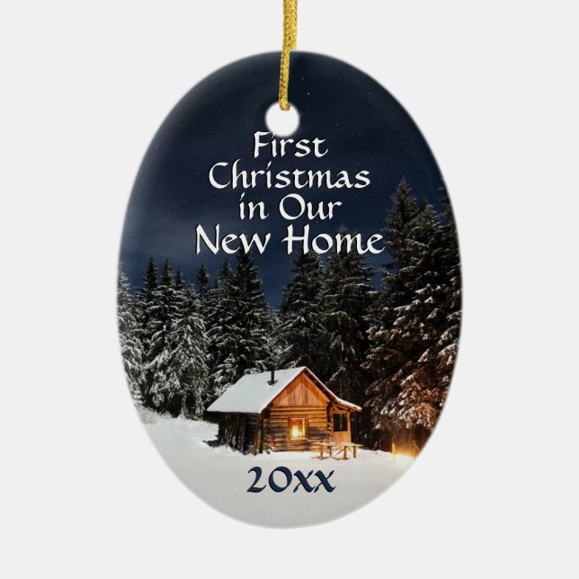First Christmas in New Home Country Rustic Cabin Ceramic Tree Decoration (Front)