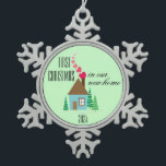 First Christmas in New Home, Hearts Snowflake Pewter Christmas Ornament<br><div class="desc">This Christmas tree ornament features a graphic of a cute little house with red hearts streaming from the chimney and decorate trees next to the house. Customisable text reads: First Christmas in our new home 2014. The year is customisable.</div>
