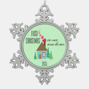 First Christmas in New Home, Hearts Snowflake Pewter Christmas Ornament