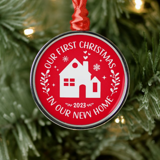 First Christmas In New Home Personalised Red Metal Tree Decoration (Tree)