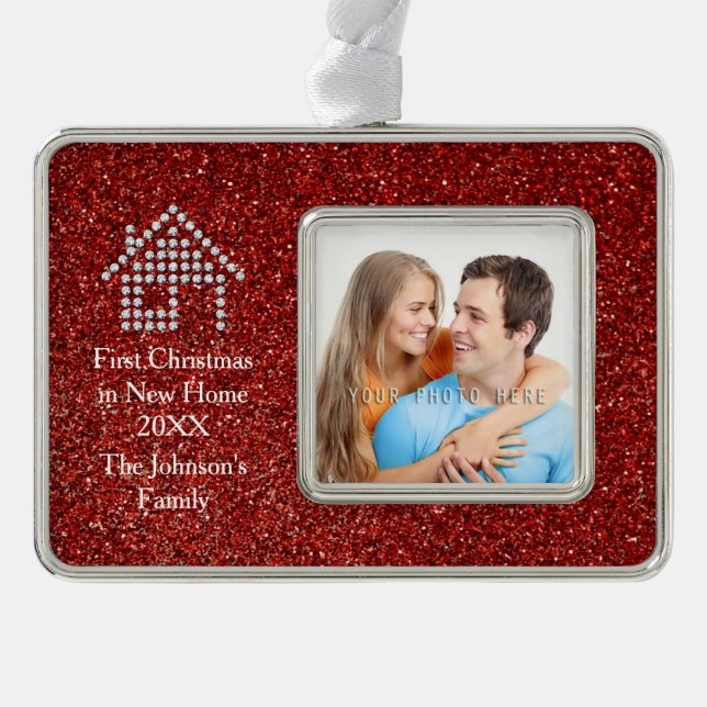 First Christmas in New Home | Red Glitter | Photo Silver Plated Framed Ornament (Front)