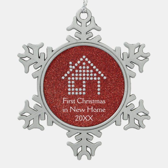 First Christmas in New Home | Red Glitter Snowflake Pewter Christmas Ornament (Front)
