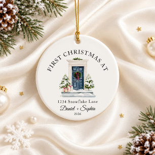 First Christmas In New Home Watercolor Blue Door Ceramic Tree Decoration