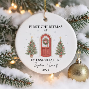 First Christmas In New Home Watercolor Door Ceramic Tree Decoration