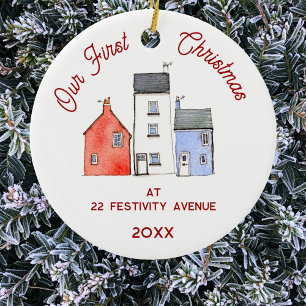 First Christmas in New Home Watercolor House Ceramic Tree Decoration