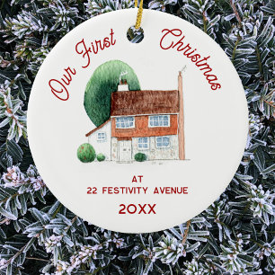 First Christmas in New Home Watercolor House Ceramic Tree Decoration