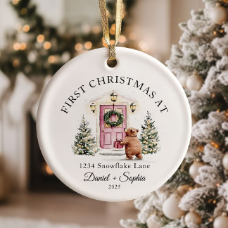 First Christmas In New Home Watercolor Pink Door Ceramic Tree Decoration