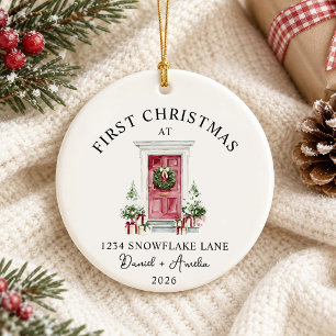 First Christmas In New Home Watercolor Red Door Ceramic Tree Decoration
