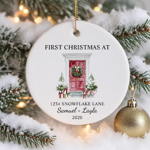 First Christmas In New Home Watercolor Red Door Ceramic Tree Decoration