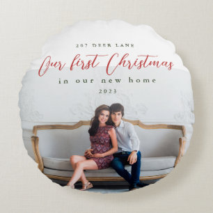 First Christmas in our New Home Address Photo Round Cushion