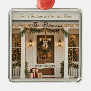 First Christmas in Our New Home Family Name Photo Metal Tree Decoration