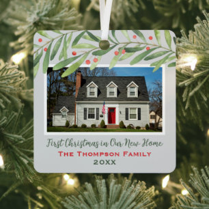 First Christmas in Our New Home Greenery Photo Metal Tree Decoration