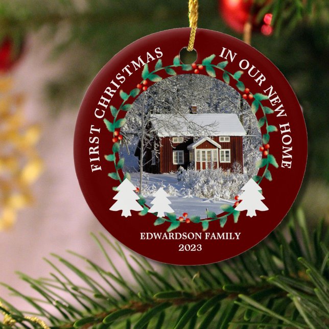 First Christmas in our new Home house photo Ceramic Tree Decoration (First Christmas in our new home photo ornament. You can add your own photo, text, name and year.)