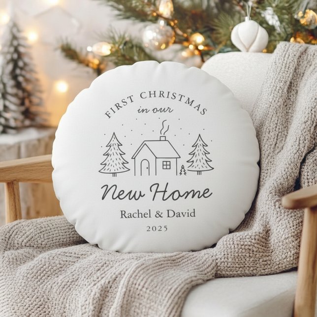 First Christmas in Our New Home | Minimal Line Art Round Cushion (Creator Uploaded)