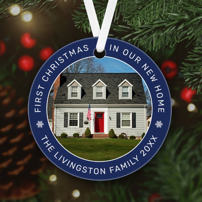 First Christmas in Our New Home Navy Custom Photo Ornament (Creator Uploaded)
