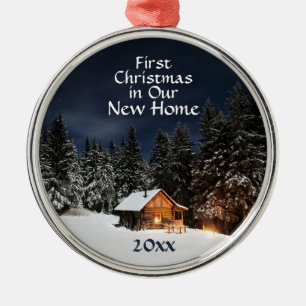 First Christmas in Our New Home Rustic Cabin Snow Metal Tree Decoration