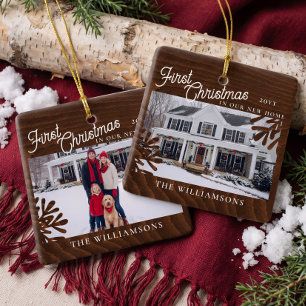 First Christmas in Our New Home Rustic Woodgrain Ceramic Ornament
