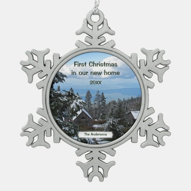 First Christmas in our new home Template Snowflake Pewter Christmas Ornament (Front)