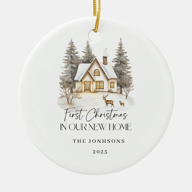 First Christmas in Our New Home Winter View Ceramic Tree Decoration (Front)