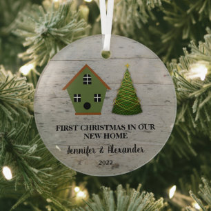 First Christmas in our new Home wood birdhouse Glass Tree Decoration