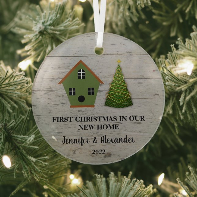 First Christmas in our new Home wood birdhouse Glass Tree Decoration (Insitu)