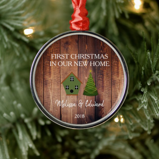 First Christmas in our new Home wood birdhouse Metal Tree Decoration (Tree)