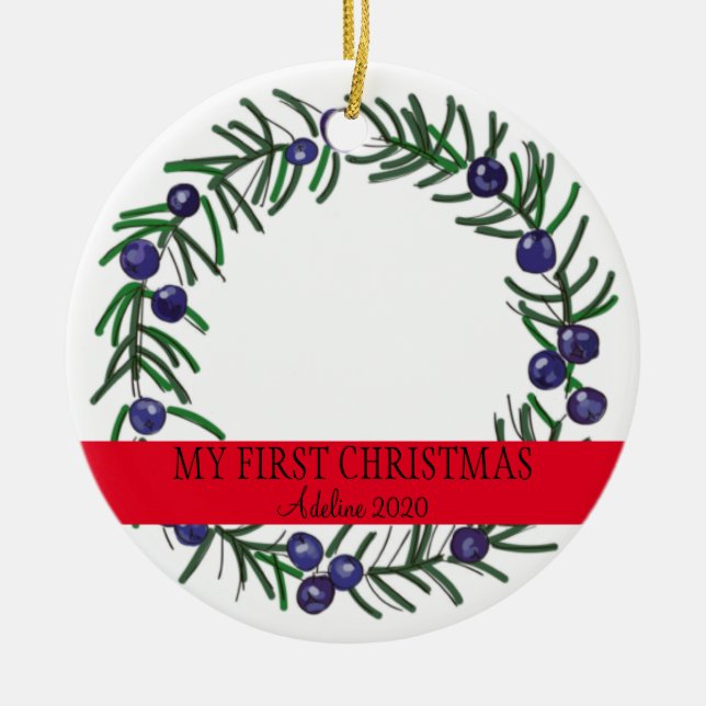 First Christmas Juniper Wreath Ceramic Tree Decoration (Front)
