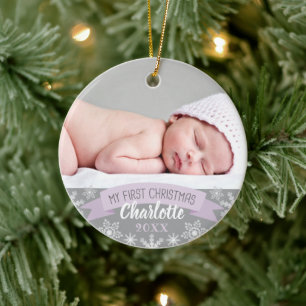 First Christmas Lavender Purple Baby Girl Photo Ceramic Tree Decoration