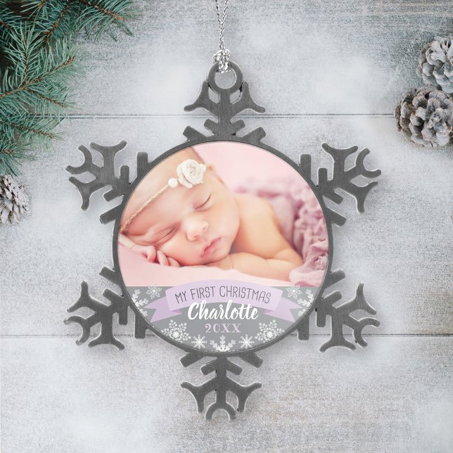 First Christmas Lavender Purple Baby Girl Photo Snowflake Pewter Christmas Ornament (Creator Uploaded)