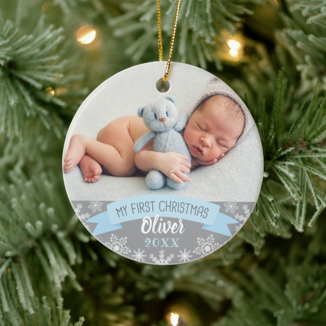 First Christmas Light Blue Baby Boy Photo Ceramic Tree Decoration (Tree)
