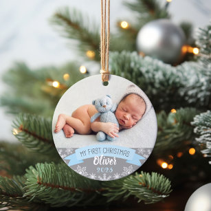 First Christmas Light Blue Baby Boy Photo Ornament