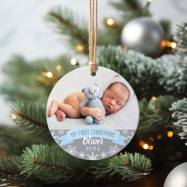 First Christmas Light Blue Baby Boy Photo Ornament (Creator Uploaded)