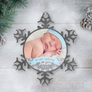 First Christmas Light Blue Baby Boy Photo Snowflake Pewter Christmas Ornament