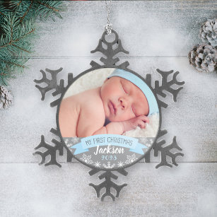 First Christmas Light Blue Baby Boy Photo Snowflake Pewter Christmas Ornament