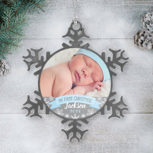 First Christmas Light Blue Baby Boy Photo Snowflake Pewter Christmas Ornament