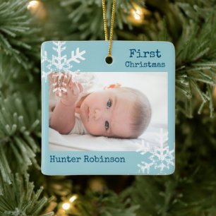 First Christmas Light Blue Navy Photo Snowflakes Ceramic Ornament