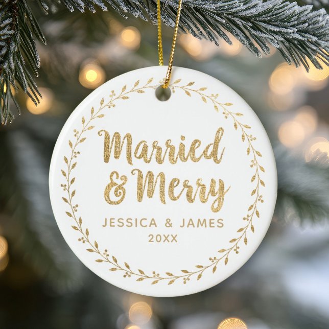 First Christmas Married and Merry Ceramic Ornament (A cute Christmas photo ornament for the newlyweds. Features the words Married and Merry & photo. )