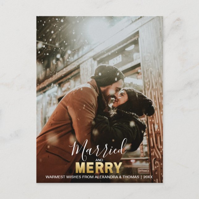 First Christmas Married and MERRY Gold | add PHOTO Holiday Postcard (Front)