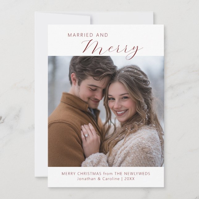 First Christmas Married and Merry Minimalist Holiday Card (Front)
