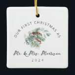 First Christmas Married as Mr. & Mrs. Photo Ceramic Ornament<br><div class="desc">Celebrate your first Christmas as newlyweds with this charming photo ceramic ornament, commemorating the special milestone. Personalise it with a favourite wedding or couple's photo, beautifully framed in a timeless "First Christmas Married as Mr. & Mrs." design. Crafted for durability, this keepsake ornament is perfect for the holiday season and...</div>