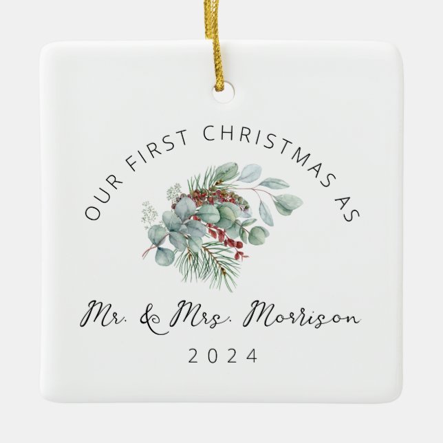 First Christmas Married as Mr. & Mrs. Photo Ceramic Ornament (Front)