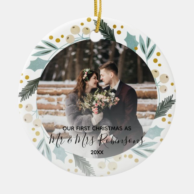 First Christmas Married as Mr & Mrs Photo Modern Ceramic Tree Decoration (Front)