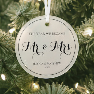 First Christmas Married Black and White Mr and Mrs Glass Tree Decoration