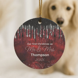 First Christmas married black red glitter drips Ceramic Tree Decoration