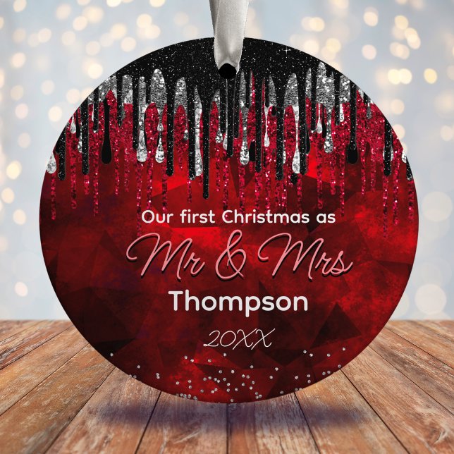First Christmas married black red  glitter drips Ceramic Tree Decoration (Creator Uploaded)